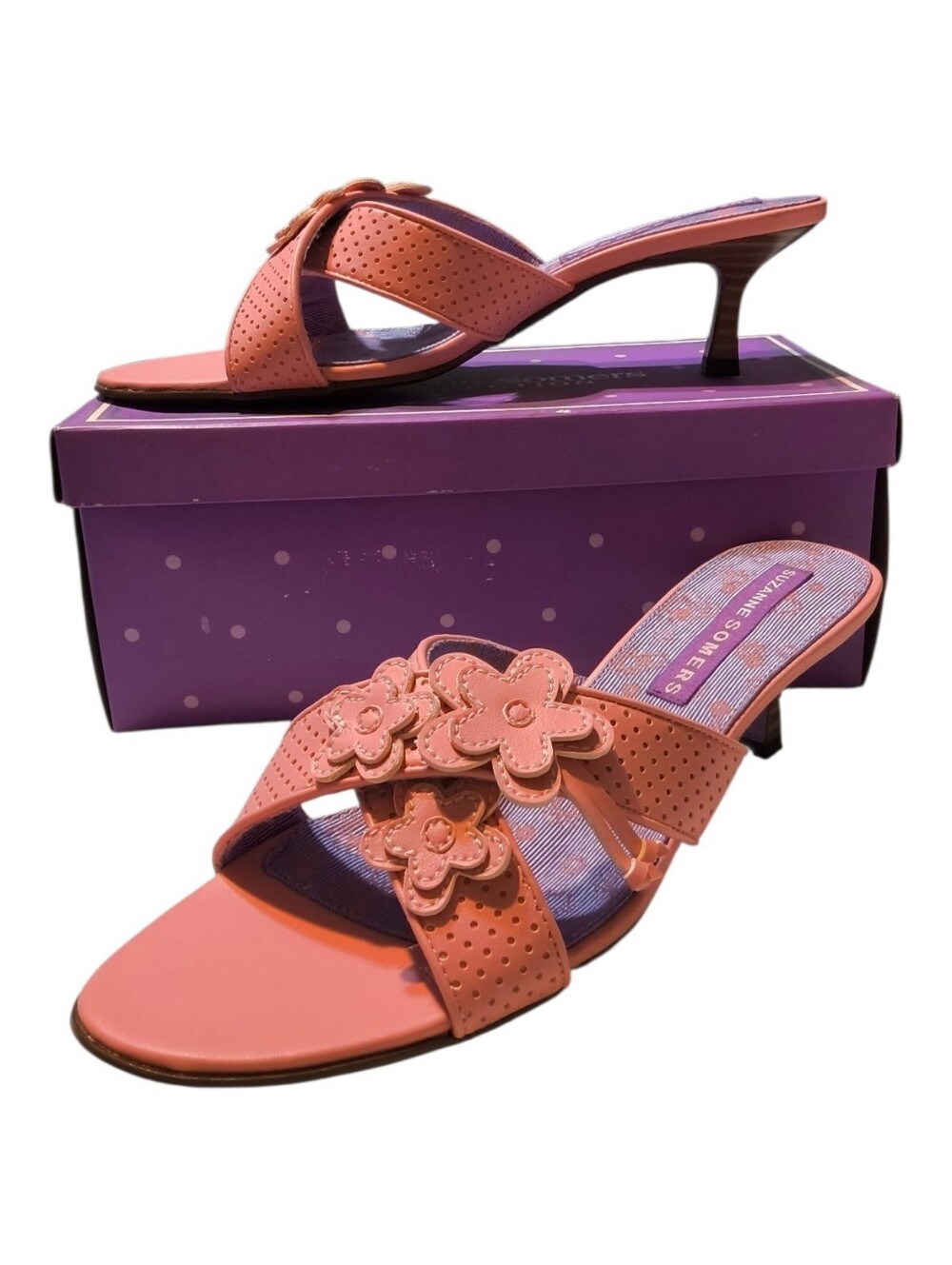 Vintage Y2K Suzanne Somers Pink Floral Kitten Heel Mules- Slide Sandals - NIB